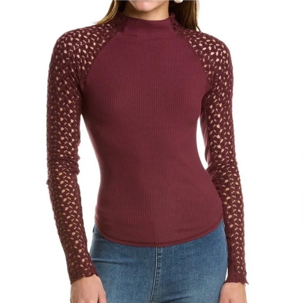 FREE PEOPLE CLEMENTE CROCHET LONG  SLEEVE MIX MEDIA TOP MEDIUM SWEET RAISIN